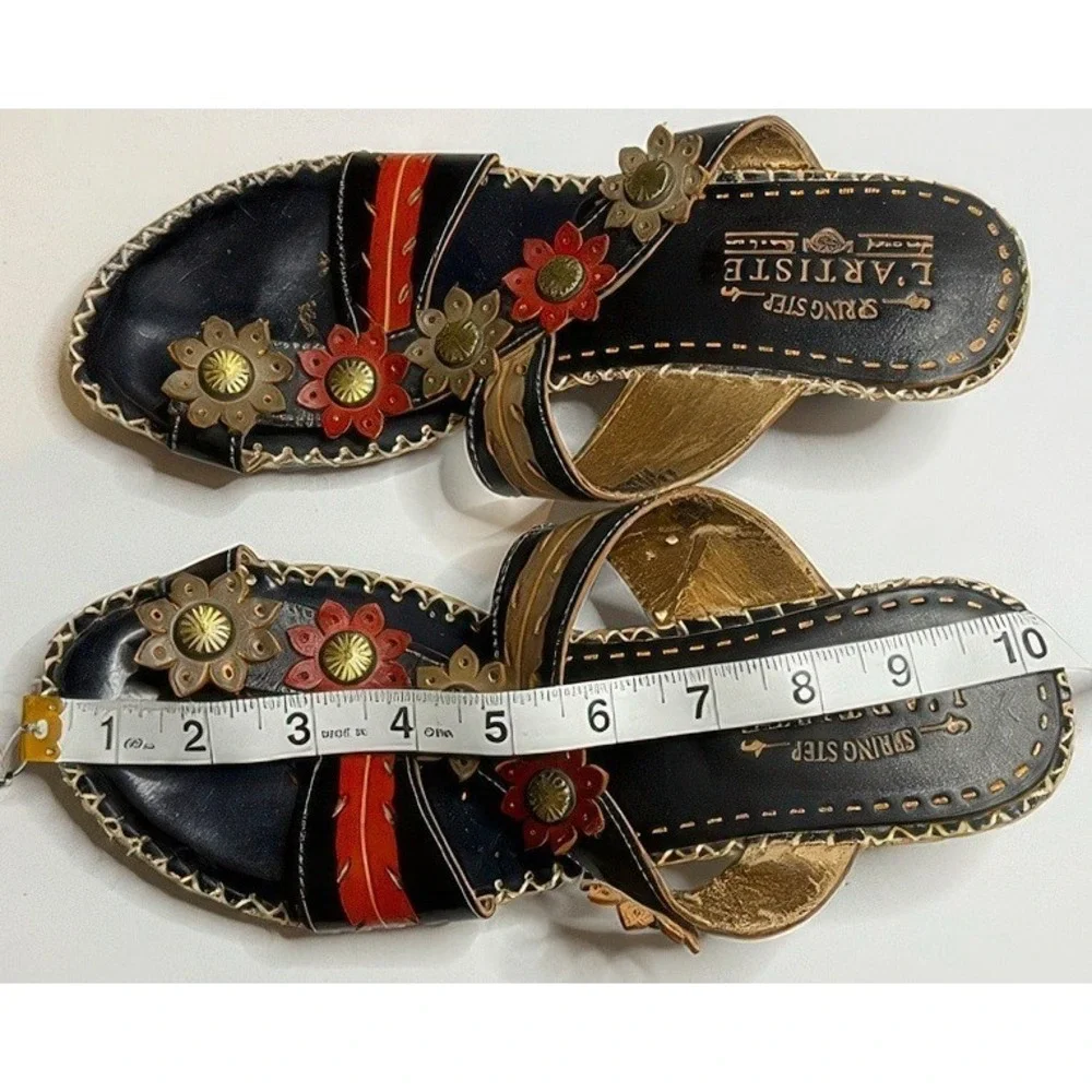 L'Artiste by Spring Step Leather Flower Sandals Women's 39 US 8.5 Black Red Boho